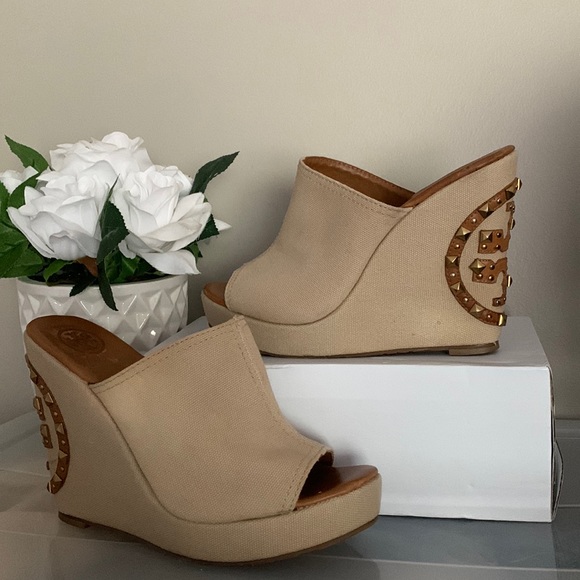Tory Burch Meredith Studded Logo Wedges Canvas Natural - Picture 7 of 14